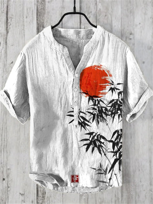 Ikigai Shirt's Japanese Sun Bamboo Printed White Linen Shirt for Men