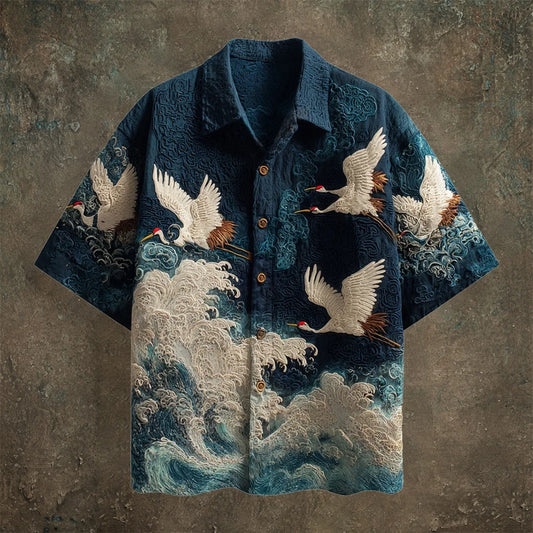 Ikigai Shirt’s Emerald Japanese Crane & Ocean Wave Shirt – Luxury Ukiyo-e Art Button-Up