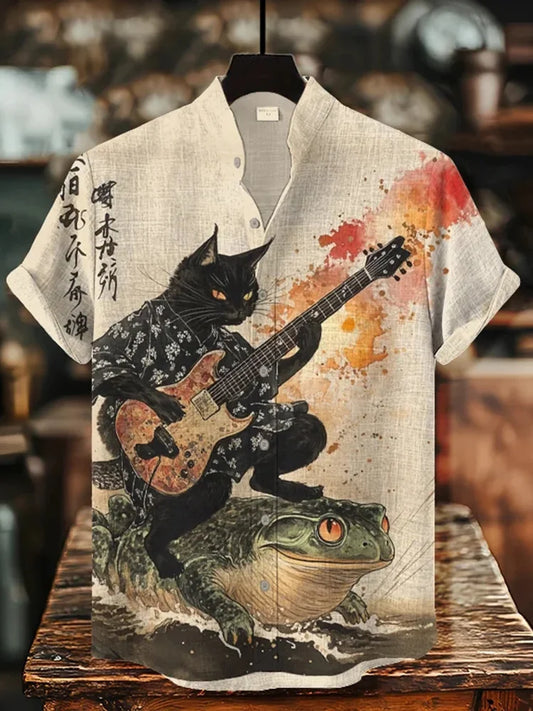 Ikigai Shirt’s Samurai Cat Guitar Linen Shirt – Japanese Rock Art Top