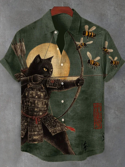 Ikigai Shirt’s Samurai Cat Archer Linen Shirt – Japanese Warrior Art Button-Up