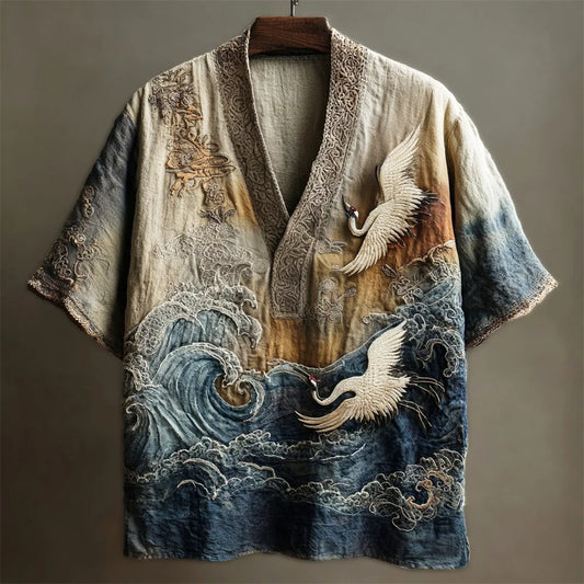 Ikigai Shirt’s Earthtone Japanese Crane & Wave Kimono Shirt – Zen Art Linen V-Neck