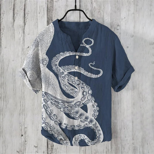 Ikigai Shirt’s Deep Sea Octopus Linen Shirt – Japanese Ocean Art Henley
